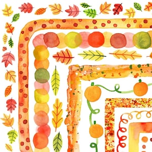 Bordures d'aquarelle de cliparts d'automne, cadres de clipart de Thanksgiving, citrouille, automne, feuilles d'automne Clip Art pensionnaires de pages imprimables, décorations PNG