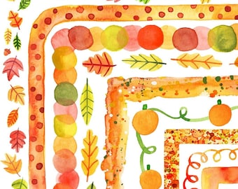 May include: Watercolor illustration of fall-themed borders with leaves, pumpkins, and polka dots. The borders are in shades of orange, yellow, and brown.