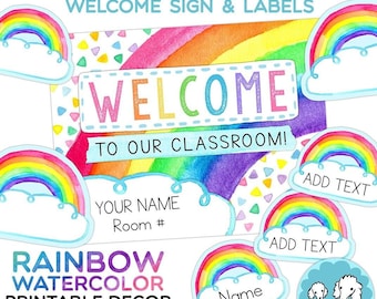 Editable Rainbow Watercolor Door Decor, Welcome Sign, Printable Classroom Name Tags, Bulletin Board Display, Back To School Decorations