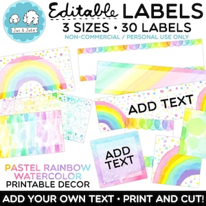 Bearbeitbare Pastellregenbogen-Aquarell-Klassenzimmeretiketten, Namensschilder, Schubladenetiketten, Rollwagen, Bücherkorbetiketten, Frühling, ruhiges Klassenzimmerdekor