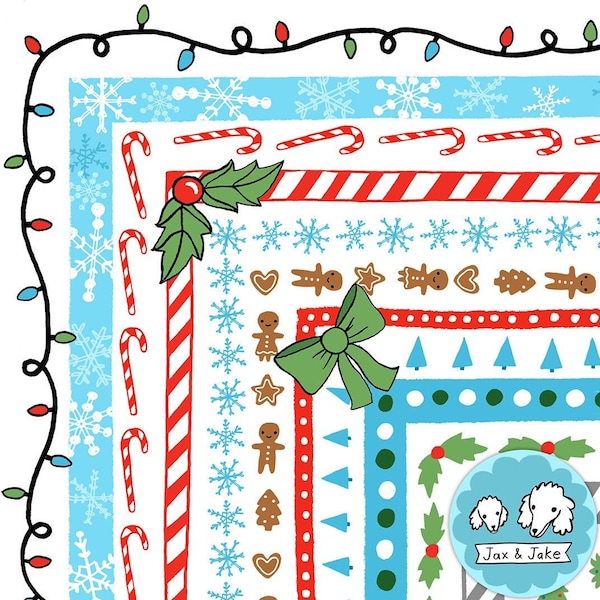 Christmas Clipart Border Set, 98 Winter Clipart Page Borders, Holiday Frames for Photo Cards, Candy Cane, String Lights, Holly Border PNG