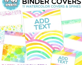 May include: Eleven printable binder covers featuring pastel rainbow watercolor designs. The covers include a rainbow arch design, a polka dot design, and a splatter paint design. The text "ADD TEXT" appears on some of the covers. The text "PASTEL RAINBOW SET 1" and "ADD YOUR OWN TEXT!" appears at the bottom of the image.