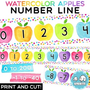 Colorful Rainbow Watercolor Apple Number Line Display -40 to 200, Printable Bright Classroom Theme Decor, Includes Negative Numbers