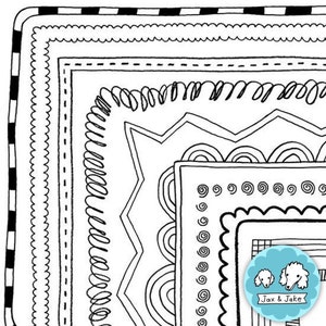 May include: Black and white line art illustration of a square frame with multiple layers of decorative borders. The frame is surrounded by a black and white striped border. The text "Jax & Jake" is in a blue circle at the bottom right corner of the image.