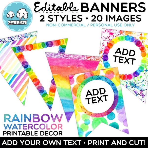 Editable Rainbow Watercolor Bulletin Board Banners, Printable Classroom Decor, Teacher Door Decorations, Back To School, Birthday Party