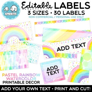 Editable Pastel Rainbow Watercolor Classroom Labels, Name Tags, Drawer Labels, Teacher Cart and Book Bin Labels, Spring Classroom Decor