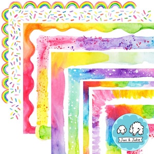 BONITO arco iris acuarela imágenes prediseñadas bordes, borde de página Clip Art, marcos de imágenes prediseñadas de aspersión para invitaciones de cumpleaños, descarga instantánea PNG