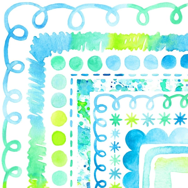 Bright Pastels Blue and Green Watercolor Border Clipart, Teal Clip Art Frames For Earth Day, Teacher Newsletter, Calm Classroom PNG