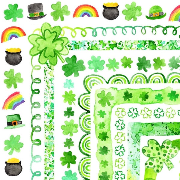 St Patricks Day Clip Art Borders, Watercolor Saint Patricks Day Clipart Frames, March Boarder Clip Art, Shamrock, Rainbow Frames PNG