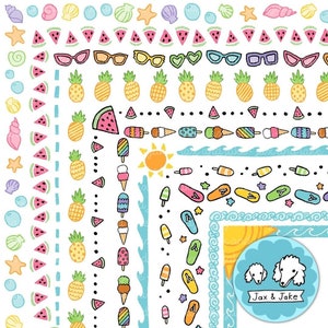Bordes de imágenes prediseñadas de verano: arcoíris, garabatos, sandía, piña, sol, chanclas, helado, concha, océano, sol. Marcos PNG.