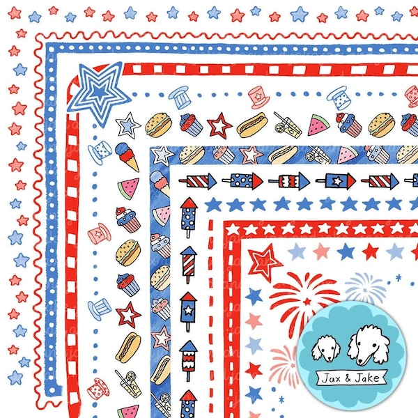 4th of July Clipart Borders - Fourth of July Frames, Fireworks, Patriotic Hats, Party, BBQ Invitation, Veterans Day, Election Clip Art PNG