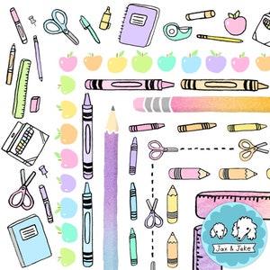 Bordas de clipart escolar de arco-íris pastel, molduras de clipart de material escolar de volta às aulas, maçã, giz de cera, clipart de professor para boletins informativos de primavera PNG