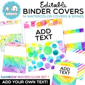 May include: A collection of editable binder covers featuring watercolour designs. The image displays 14 covers and spines with vibrant watercolour patterns, such as polka dots and stripes. Each cover has a white space for adding text. The words "Add Text" are visible.