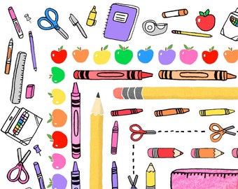 School Supplies Border Set | Back to School Frames | Apple, Crayon, and Pencil Clipart | Cute Teacher Clip Art for Classroom Decor PNG