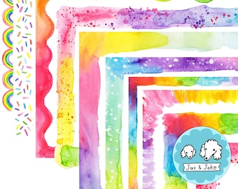 HÜBSCHES Regenbogen Aquarell Clipart Rahmen, Seitenrahmen Clip Art, Streusel Clip Art Rahmen für Geburtstagseinladungen, Sofortiger Download PNG