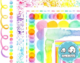 Puede incluir: Elementos de diseño en acuarela en varios colores, incluyendo rosa, amarillo, verde y azul. La imagen presenta bordes con círculos, espirales y salpicaduras de acuarela. Un logotipo con dos ilustraciones de perros está en la esquina inferior derecha.