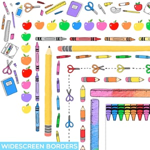 Puede incluir: Un conjunto de bordes coloridos dibujados a mano que presentan útiles escolares como lápices, crayones, tijeras, reglas y manzanas. Los bordes son perfectos para agregar un toque divertido y juguetón a cualquier proyecto de aula o con temática escolar.