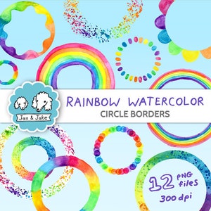 Regenboog aquarel cirkel clipart grenzen, aquarel grens illustraties voor uitnodigingen voor een feestje, klas decor, Instagram hoogtepunten PNG