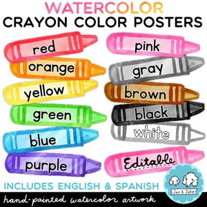 Crayon Color Posters Classroom Decor - Colors in English & Spanish, Back To School Bulletin Board Display, Watercolor Classroom Theme Idea