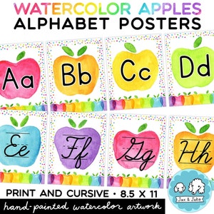 Regenbogen Aquarell Konfetti Apfel Alphabet Poster, beinhaltet Druck und CURSIVE, Back To School helles Klassenzimmer Dekor Thema