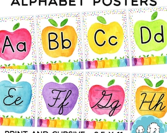 Rainbow Watercolor Confetti Apple Alphabet Posters, Includes Print and CURSIVE, Back To School Bright Classroom Decor Theme