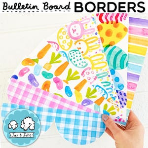 Printable Watercolor Easter Bulletin Board Borders - Colorful Bunny, Jellybean, Egg, Spring Rainbow Classroom Decor