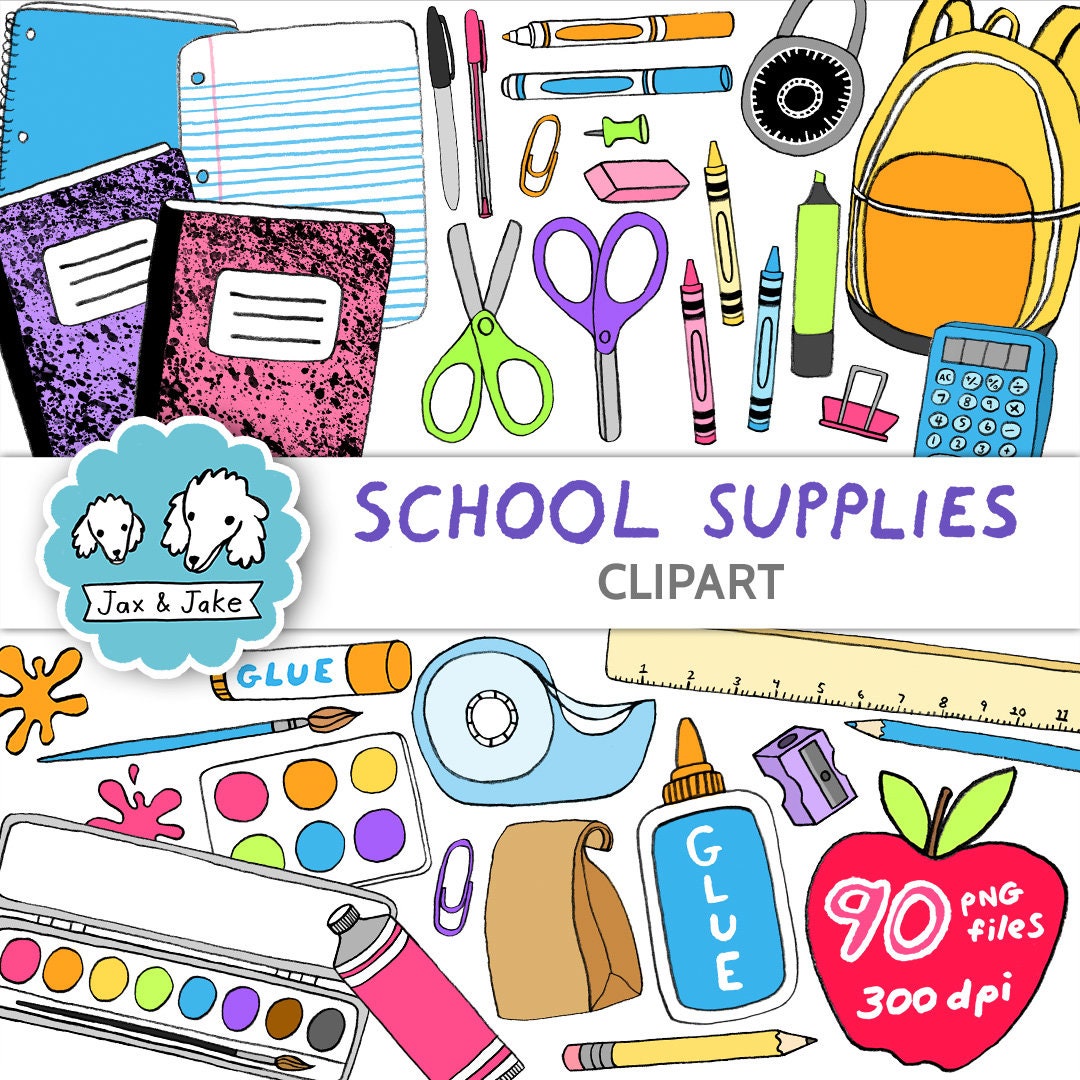 School Clipart, Back to School Supplies Clip Art, Pencil, Crayon, Marker,  Notebook, Paper Backpack Clipart for Teachers, Classroom PNG 