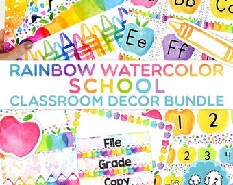 Paquete de decoración para aulas escolares con acuarela arcoíris