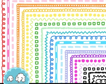 Bordi sottili della pagina, 200 cornici clipart sottili colorate, bordi scarabocchi disegnati a mano, 20 colori per uso commerciale, PNG in bianco e nero inclusi