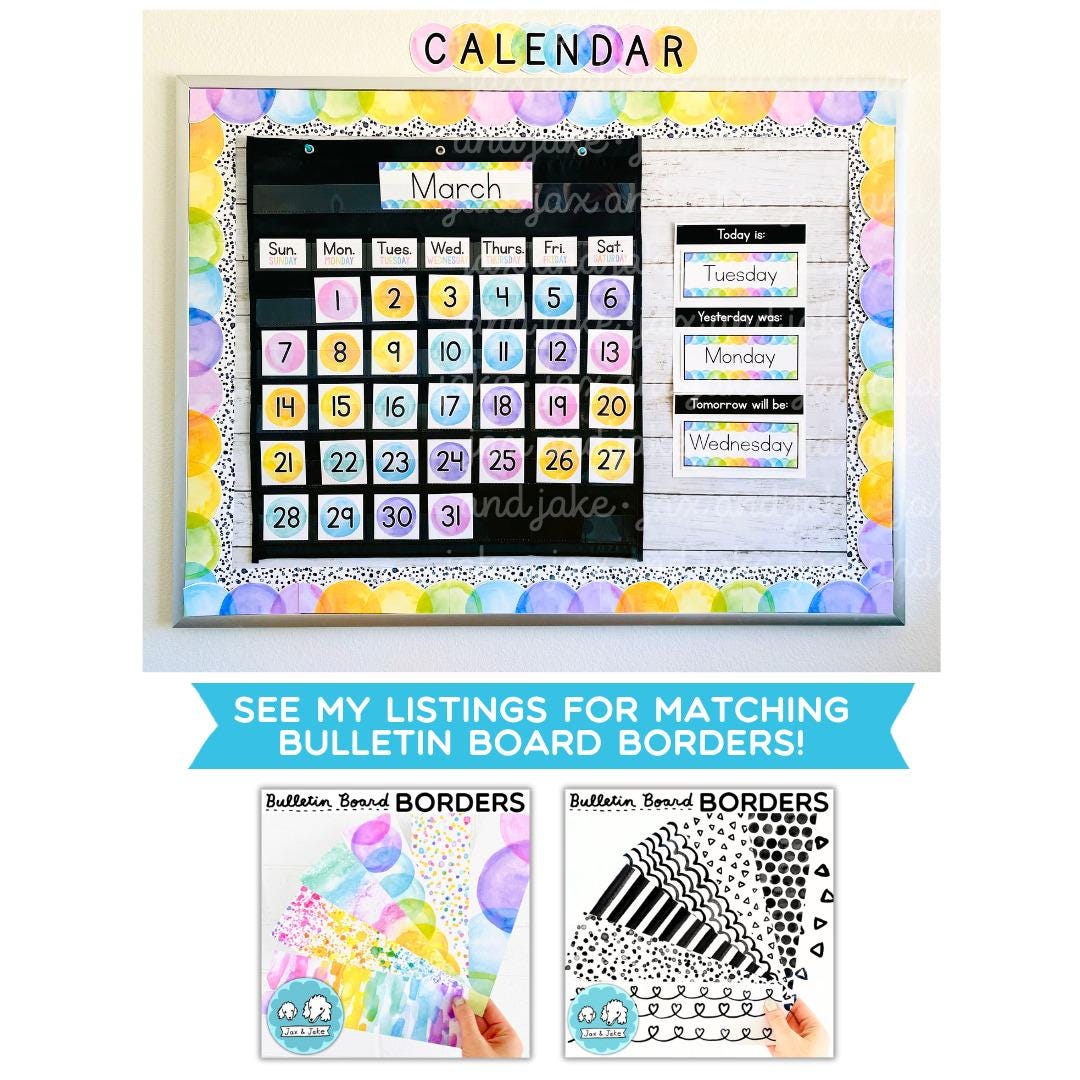 Pastel Rainbow Watercolor Classroom Calendar Cards for Pocket Chart ...