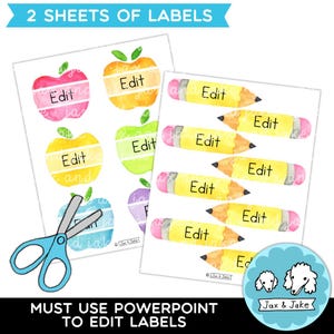 May include: Two sheets of labels with watercolor apple and pencil designs. The apples are in various colors with the word "Edit" on them. The pencils are yellow with pink erasers and the word "Edit". The text "2 SHEETS OF LABELS" is at the top.