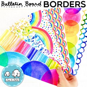 May include: Four colorful rainbow themed bulletin board borders. The borders feature different patterns including stripes, polka dots, waves, and circles. The borders are perfect for adding a fun and festive touch to any classroom or bulletin board.