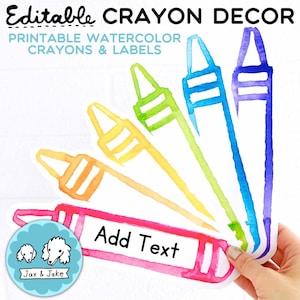 Watercolor Crayon Decor & Editable Labels - Rainbow Classroom Decor, Printable Crayon Name Tags, Back to School Bulletin Board Decorations