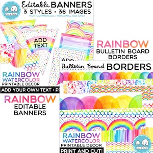 Rainbow Watercolor Editable Banners and Bulletin Board Borders BUNDLE, Elementary Bulletin Board Kit, Watercolor Classroom Decor Theme