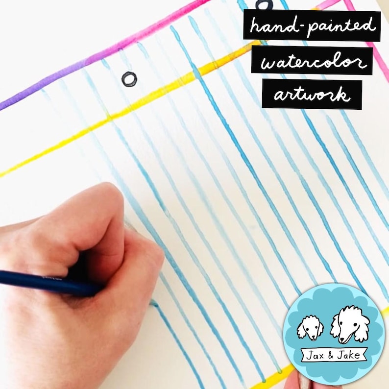 May include: Hand-painted watercolor artwork with blue vertical lines on white paper. The artwork includes the text "hand-painted watercolor artwork". A hand is holding a blue pencil, adding to the artwork. The Jax & Jake logo is in the bottom right corner.