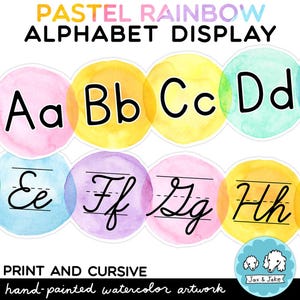 Pastel Rainbow Alphabet Posters, Includes Print and CURSIVE Letters, Back To School Watercolor Calm Classroom Decor Bulletin Board Display