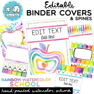Rainbow Watercolor Back To School Editable Binder Covers and Spines, Printable Teacher Binder Template, Watercolor Classroom Decor Theme