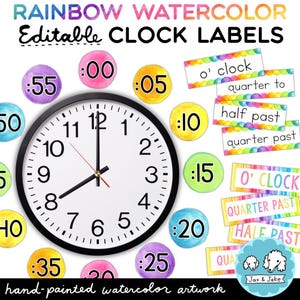 Editable Rainbow Watercolor Clock Labels - Printable Telling Time Clock Display, Watercolor Classroom Decor Theme