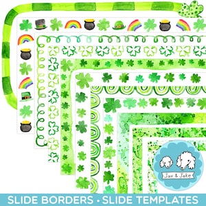 May include: A set of 10 digital printable borders featuring green shamrocks, rainbows, and gold pots of gold. The borders are perfect for adding a touch of Irish charm to your digital projects.