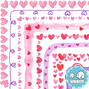 Bordas de clipart de aquarela para o dia dos namorados, molduras de clipart de coração para cartões DIY, boletins informativos de fevereiro, casamentos, decoração de festa de classe PNG