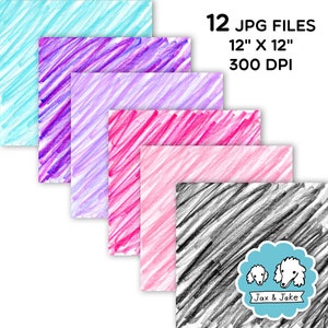 May include: Set of 12 digital paper backgrounds featuring a diagonal scribble pattern in various colors, including black, pink, red, purple, and blue. The papers are 12 inches by 12 inches and 300 DPI.