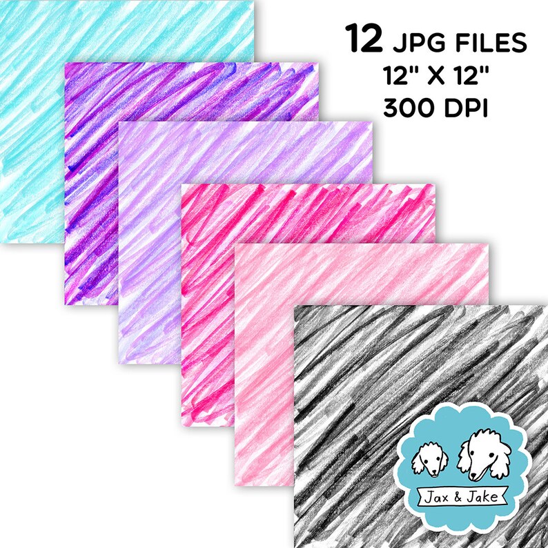 May include: Set of 12 digital paper backgrounds featuring a diagonal scribble pattern in various colors, including black, pink, red, purple, and blue. The papers are 12 inches by 12 inches and 300 DPI.