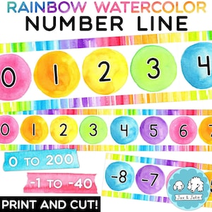 Printable Rainbow Watercolor Number Line Display -40 to 200, Elementary Teacher, Rainbow Classroom Theme Decor, Includes Negative Numbers