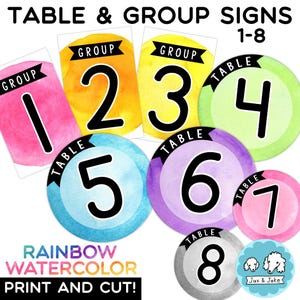 Editable Rainbow Watercolor Table and Group Number Signs Labels 1-8, Back To School Printable Bright Classroom Theme Decor