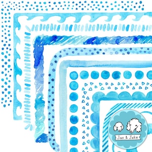 Clipart bordo acquerello blu - Oceano, Acqua, Nuoto, Cornici Clip Art dipinte a mano con acqua per invito baby shower, Aula calma PNG