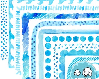 Blauer Aquarell Rahmen Clipart - Ozean, Wasser, Schwimmen, Aqua Handgemalte Clip Art Rahmen für Babypartyeinladung, ruhiges Klassenzimmer PNG