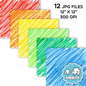 May include: A set of 12 digital paper backgrounds featuring a rainbow of colors with a diagonal scribble pattern. The papers are 12 inches by 12 inches and 300 DPI.