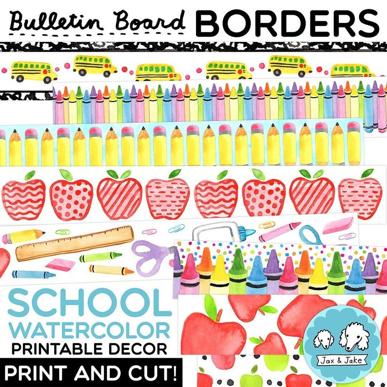 Watercolor School Bulletin Board Borders Crayon Apple Bus Etsy