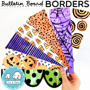 May include: A set of five Halloween-themed bulletin board borders. The borders feature different patterns, including candy corn, spiderwebs, and swirls. The borders are all white with colorful designs. The text "Bulletin Board Borders" is at the top of the image.