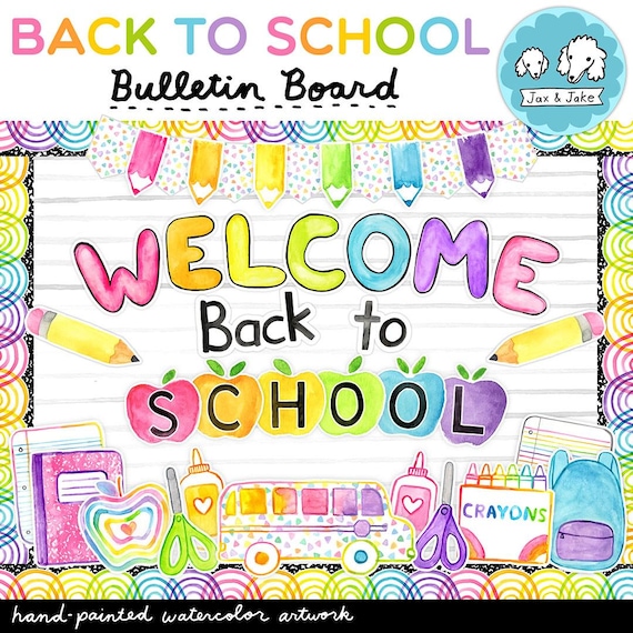 Welcome Back To School Bulletin Board Kit, Rainbow Watercolor Classroom Decor Idea For Teachers, Printable School Supplies Class Decorations